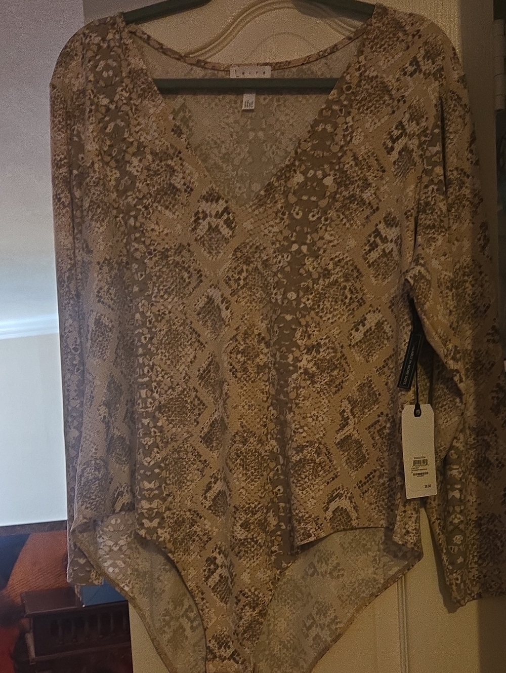 Leith Beige Snake-Print V-Neck Bodysuit